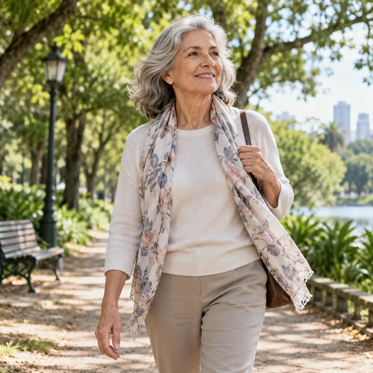 Mujer de pelo canoso caminando sonriente por un parque arbolado