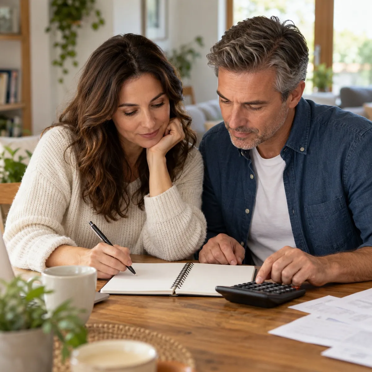 Pareja revisando números y anotando en un cuaderno en la mesa de su casa
